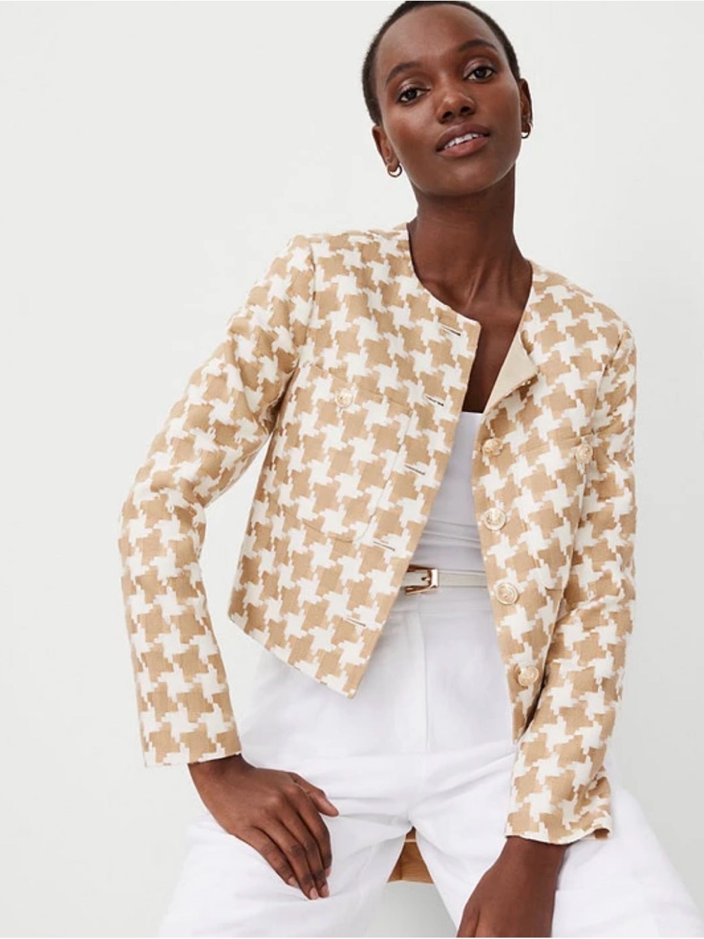 NWT Ann Taylor Houndstooth Patch Pocket Jacket Camel Combo Women's 12